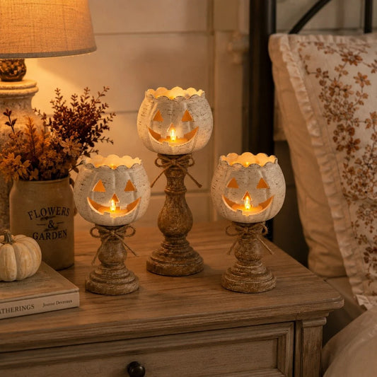 🕯 Set of 3 Rustic White Pumpkin Tealight Candle Holders | Layered Farmhouse Fall Decor For Halloween & Thanksgiving · product image 1